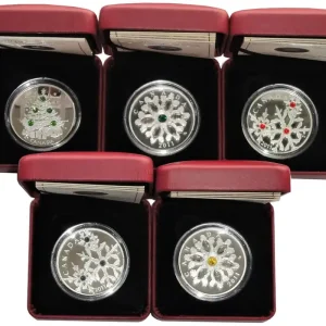 Preiswert Sparpaket ! 5 x Kanada 20 Dollars Silbermünzen mit Swarovski Crystallen 2011 Polierte Platte