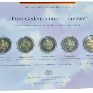 BRD: 5 x 2 Euro Münzen ADFGJ Bremer Rathaus u. Roland-Statue in Bremen 2010 im Folder Begrenztes Angebot