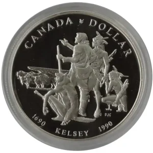 Kanada One Dollar Silber Kelsey und Pelzhändler 1990 Polierte Platte Markenprodukt