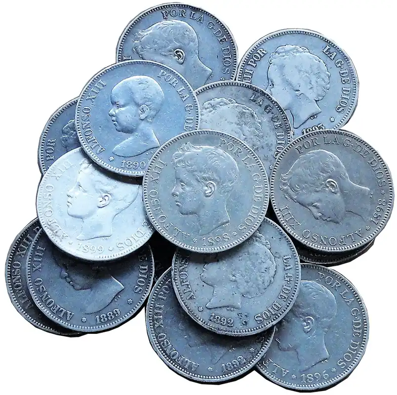 Neue Ware Anlagepaket: Spanien 15 x 5 Pesetas Silbermünzen 375 gr 900/1000 Silber