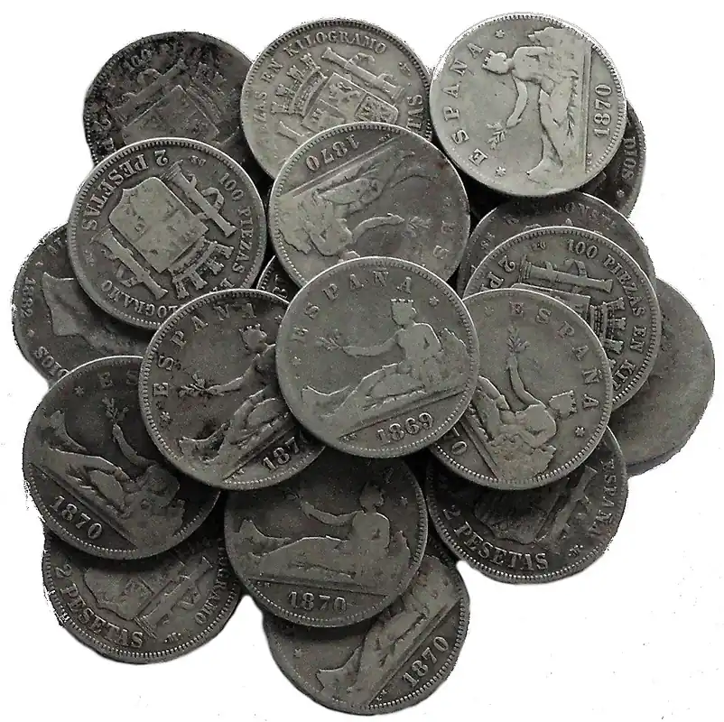 Anlagepaket: Spanien 23 x 2 Pesetas Silbermünzen 223 gr 835/1000 Silber Finale Aktion