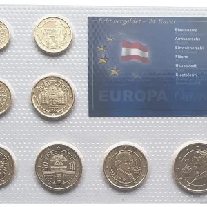 Österreich Kursmünzensatz 3,88 Euro 2002 vergoldet in Noppenfolie Neue Kollektion