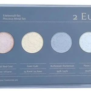 Monaco 4 x 2 Euro Münzen UNO 2013 Prestige Edelmetall - Set Rotgold, Gold, Ruthenium u. Platin Markenware