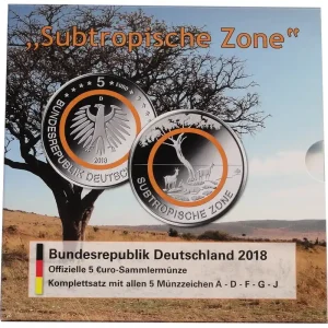 Kostenloser Versand BRD: 5 x 5 Euro Subtropische Zone 2018 ADFGJ Stempelglanz im Blister