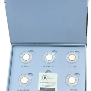 Im Trend BRD: 5 x 5 Euro Tropische Zone ADFGJ 2017 mit Rhodium und 24 Karat Goldauflage in LED - Kassette