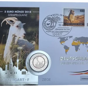 BRD: Numisbrief Ziege - 5 Euro Bimetall Subtropische Zone F mit Polymer - Ring 2018 Markenprodukt