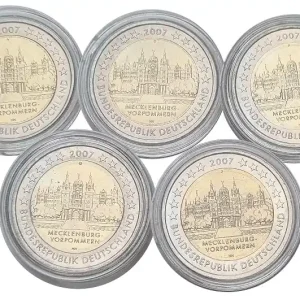 BRD: 5 x 2 Euro Münzen ADFGJ Schweriner - Schloss 2007 lose Bankfrisch in Münzkapseln Beliebt