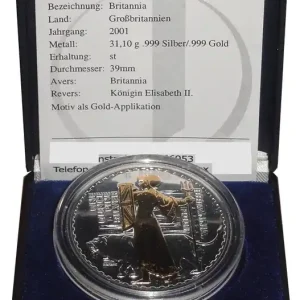 Großbritannien 2 Pounds 1 Oz Silber Britannia 2001 vergoldet (Gilded) Versand Am Gleichen Tag