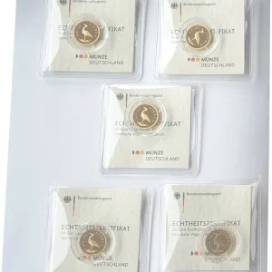 BRD: 5 x 20 Euro Goldmünzen Weißstorch 2020 ADFGJ Stgl Komplettsatz Abverkauf