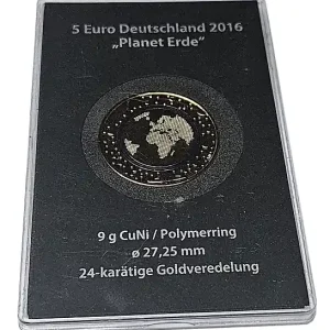 Weltweiter Versand BRD: 5 Euro Bimetall Blauer Planet Erde mit Polymer - Ring 2016 Prägebuchstabe J Hamburg vergoldet