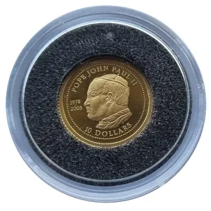 Neue Kollektion Liberia 10 Dollars 1,24 gr Gold - Papst Johannes Paul II 2003 Polierte Platte in Münzkapsel