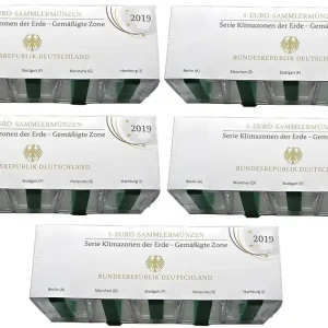 Sparpaket! 5 Komplettsätze BRD: 5 x 5 Euro Gemäßigte Zone 2019 ADFGJ Polierte Platte PP Im Trend