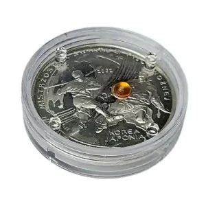 Gleich Bestellen Polen 10 Zloty Silbermünze Fussball WM 2002 Korea - Japan mit Bernstein PP in Münzkapsel