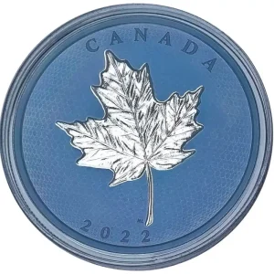 Kanada 5 Oz Silber Maple Leaf 2022 mit Blue Rhodium veredelt Polierte Platte nur 1.500 Stück! Top-Qualität