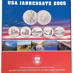USA Jahressatz 2005 - 1 Oz Silber Eagle + 5 x Quarter Dollar im MDM Folder Geprüft