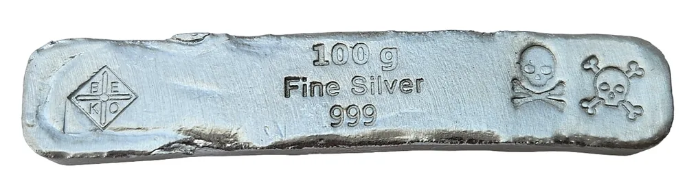 Heute Kaufen BeKo Edelmetalle 100 Gramm Silberbarren - Langbarren 999er Silber (gegossen) Piratenmotiv Totenköpfe