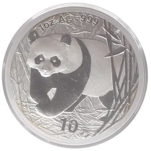 Ab Werk China 10 Yuan 1 Oz Silber Panda 2002 - 31,1 gr 999/1000 Silber in Münzkapsel