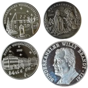 4 Silbermedaillen 65 gr 999/1000 Feinsilber ( 3 x Weihnachtstaler 1 x Willy Brandt ) Kostenloser Rückversand
