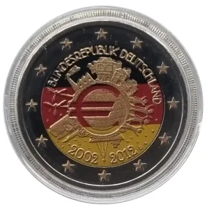 Markenprodukt Deutschland 2 Euro Gedenkmünze - 10 Jahre Euro-Bargeld Farbmünze 2012 F in Münzkapsel
