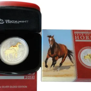 Super-Preis Australien 1 Oz Silber Lunar II Pferd 2014 Stempelglanz vergoldet (Gilded)