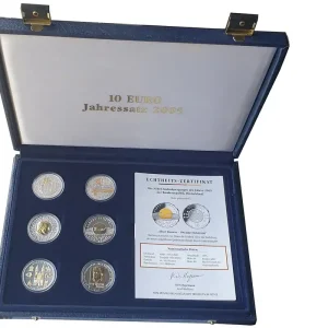 Neu Im Sortiment 6 x 10 Euro Silber Gedenkmünzen 2005 mit Goldapplikation in Münzkassette