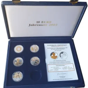 5 x 10 Euro Silber Gedenkmünzen 2003 mit Goldapplikation in Münzkassette Mega-Angebot