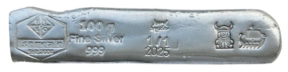 BeKo Edelmetalle 100 Gramm Silberbarren 999 Feinsilber (gegossen) Wikinger Mädchen mit Schiff 1/1 Echt