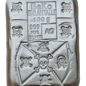 BeKo Edelmetalle 100 Gramm Silberbarren 999er Silber (gegossen) Motiv Piratenflagge Direkt Vom Hersteller