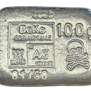 BeKo Edelmetalle 100 Gramm Silberbarren 999er Silber (gegossen) 2025 Totenkopf mit Knochen 01/50 Geprüft