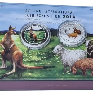 Finale Aktion Australien 2 x 1/2 Oz Silbermünzen - Set (Känguru + Ziege) Farbe Beijing International Coin Show