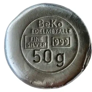 BeKo Edelmetalle 50 Gramm Silberbarren - Rundbarren 999 Feinsilber (gegossen) Sammlerbarren Expressversand