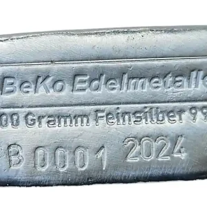 Geprüft BeKo Edelmetalle 100 Gramm Silberbarren 999 Feinsilber (gegossen) 2024 Seriennummer 1
