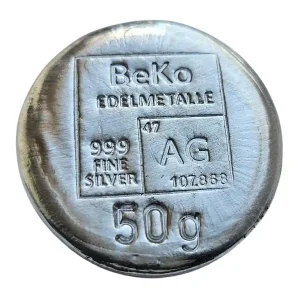 BeKo Edelmetalle 50 Gramm Silberbarren - Rundbarren 999 Feinsilber (gegossen) Sammlerbarren Neu