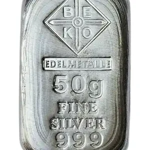 Jetzt Bestellen BeKo Edelmetalle 50 Gramm Silberbarren 999 Feinsilber (gegossen) Gussbarren
