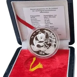 Highlight China 10 Yuan 1 Oz Silber Panda 1994 Stempelglanz - Münzkapsel im Etui