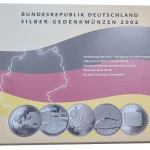5 x 10 Euro Silber Gedenkmünzenset Deutschland 2002 Spiegelglanz im Folder Handgefertigt