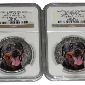 Niue 2 x 1 Dollar 1 Oz Silber German Rottweiler (Deutscher Rottweiler) Farbe NGC MS-70 Sale
