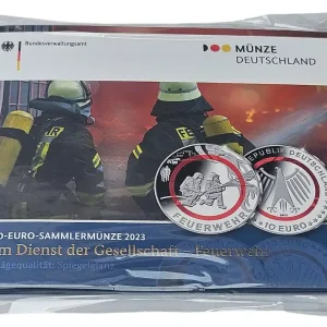 Wochenendangebot BRD: 10 Euro Feuerwehr 2023 D Spiegelglanz mit minttürkisem Polymerring im Blister