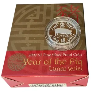 Australien 1 Dollar Silbermünze Lunar Schwein 2007 Polierte Platte im Etui Neue Ware