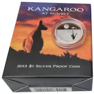 Markenprodukt Australien 1 Dollar Silber Känguru at Sunset (bei Sonnenuntergang) 2013 Polierte Platte im Etui