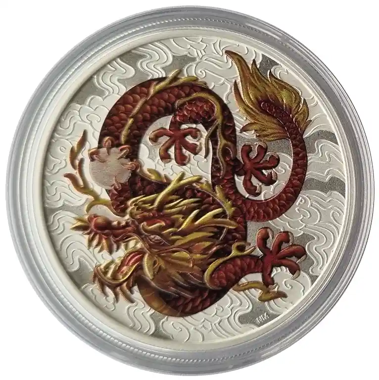 Garantierte Lieferung Australien 1 Oz Silber Drache (Chinese Dragon) 2021 Farbe - Color Münzkapsel