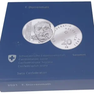 Schweiz 20 Franken Silber Friedrich Dürrenmatt 2021 Polierte Platte Künstlerzertifikat Top-Qualität
