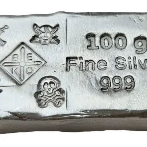 BeKo Edelmetalle 100 Gramm Silberbarren 999er Silber (gegossen) Piratenmotiv Totenköpfe Top-Preis