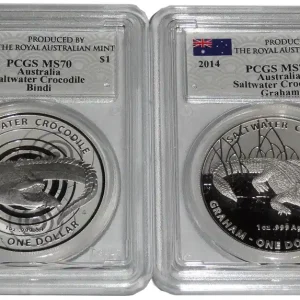 Must-Have Australien 1 Oz Silber Salzwasser - Krokodil Bindi 2013 + Graham 2014 PCGS MS-70