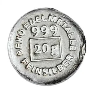BeKo Edelmetalle 20 Gramm Silberbarren - Rundbarren 999 Feinsilber (gegossen) Gussbarren Markenware