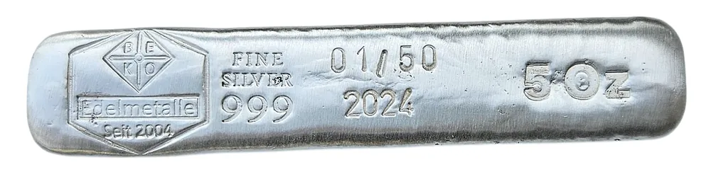 Rabatt BeKo Edelmetalle 5 Oz Silberbarren - Langbarren 999 Feinsilber (gegossen) 2024 Seriennummer 01/50