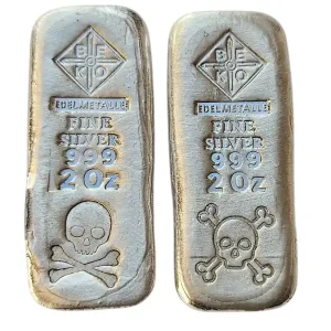 Rabatt BeKo Edelmetalle 2 x 2 Oz Silberbarren 999 Feinsilber (gegossen) Totenköpfe 01/99