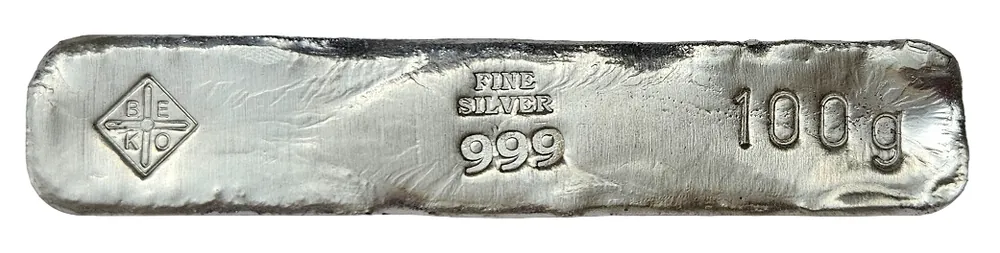 Mengenrabatt BeKo Edelmetalle 100 Gramm Silberbarren - Langbarren 999 Feinsilber (gegossen) Sammlerbarren