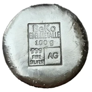 BeKo Edelmetalle 100 Gramm Silberbarren - Rundbarren 999 Feinsilber (gegossen) Sammlerbarren Handgefertigt