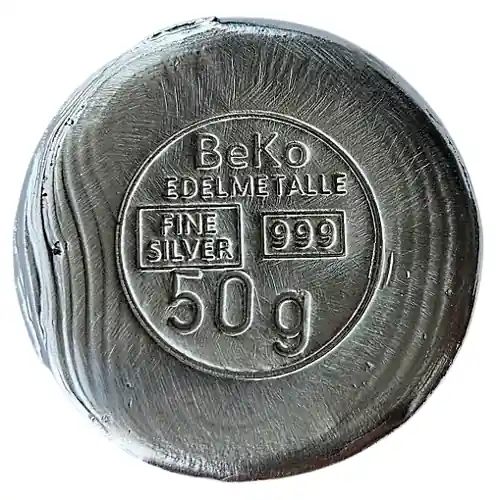 BeKo Edelmetalle 50 Gramm Silberbarren - Rundbarren 999 Feinsilber (gegossen) Sammlerbarren Beliebt
